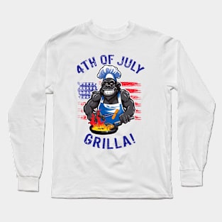 4th of July Grilla - Gorilla cooking on a BBQ Long Sleeve T-Shirt